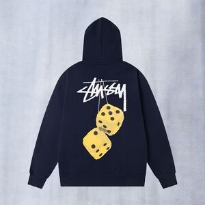 Stussy Men's Navy Blue Hoodie with Yellow Dice Design